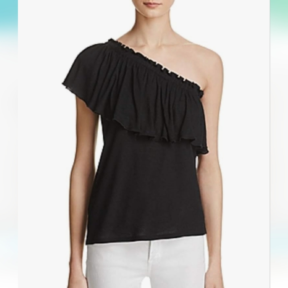 NWT Rebecca Taylor Women's One-Shoulder Ruffled Jersey Top, Black, XS